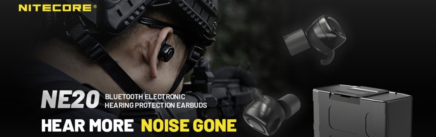 Chrániče sluchu NITECORE NE20 — aktívne elektronické štuple do uší s nabíjacím puzdrom