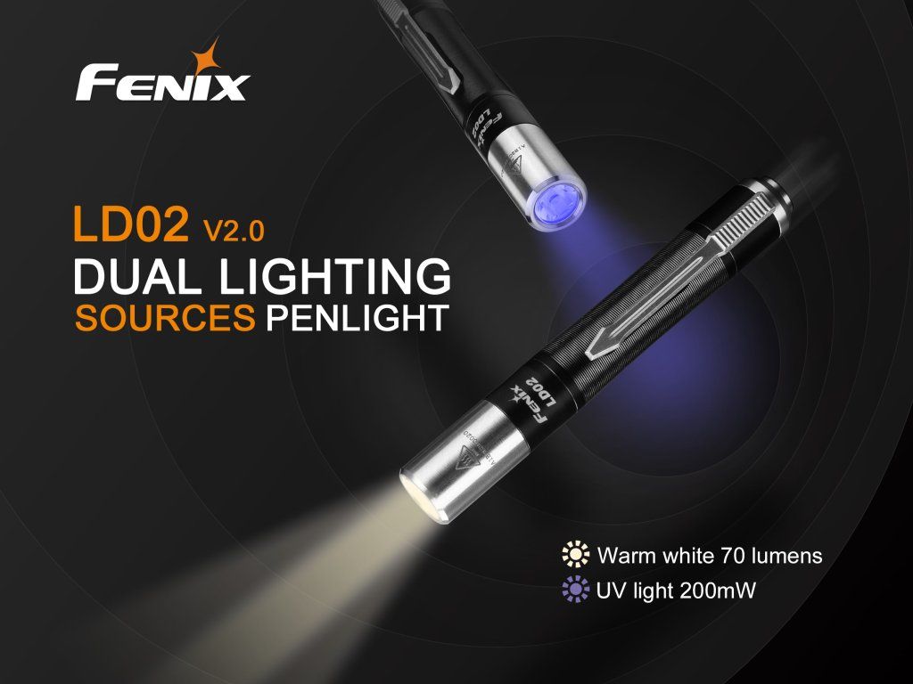 Fenix LD02 — dva svetelné zdroje: teplá biela 70 lm a UV 365 nm 200 mW