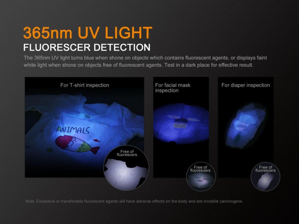 Fenix LD02 — UV svetlo 365 nm odhalí fluorescenčné škvrny na oblečení, textíliách aj povrchoch