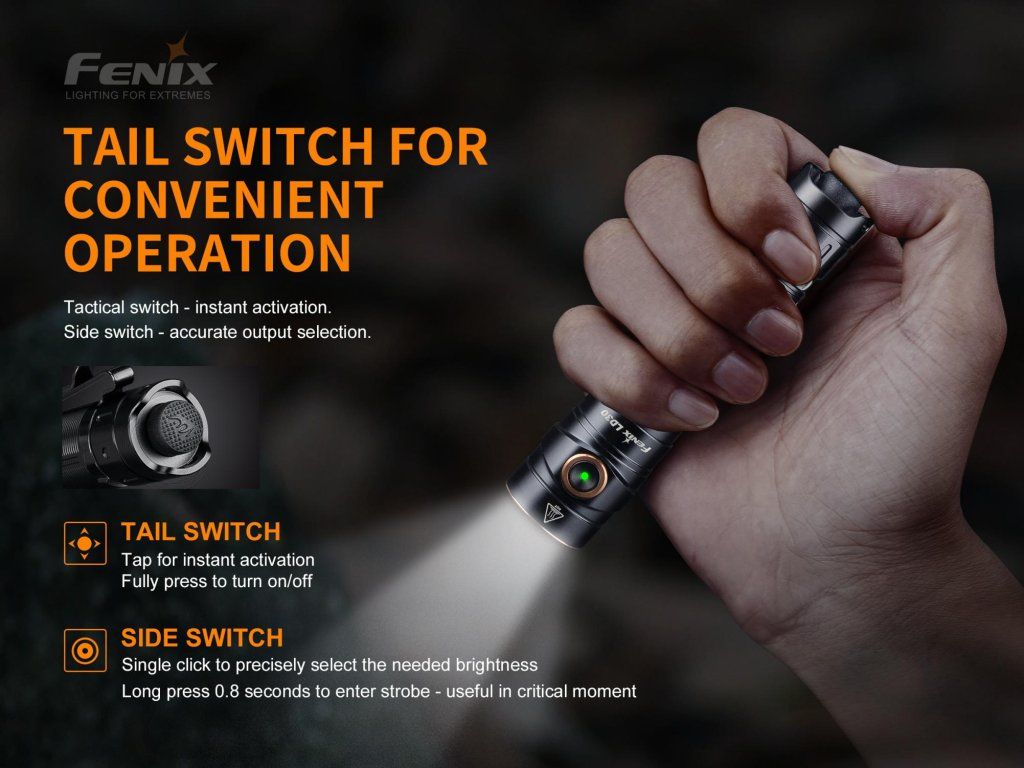 Fenix LD30 — koncový spínač na okamžité zapnutie a bočný na výber jasu