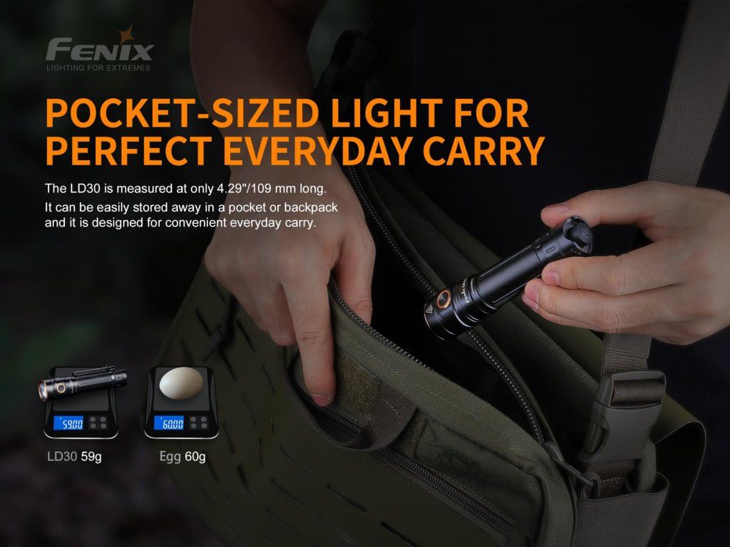 Fenix LD30 — vreckový formát 109 mm, pohodlne do vrecka aj batoha na každý deň