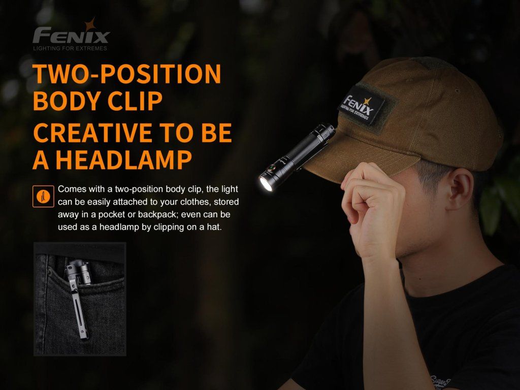 Fenix LD30 — obojsmerná klipsa premení svietidlo aj na čelovku (napr. na šiltovke)