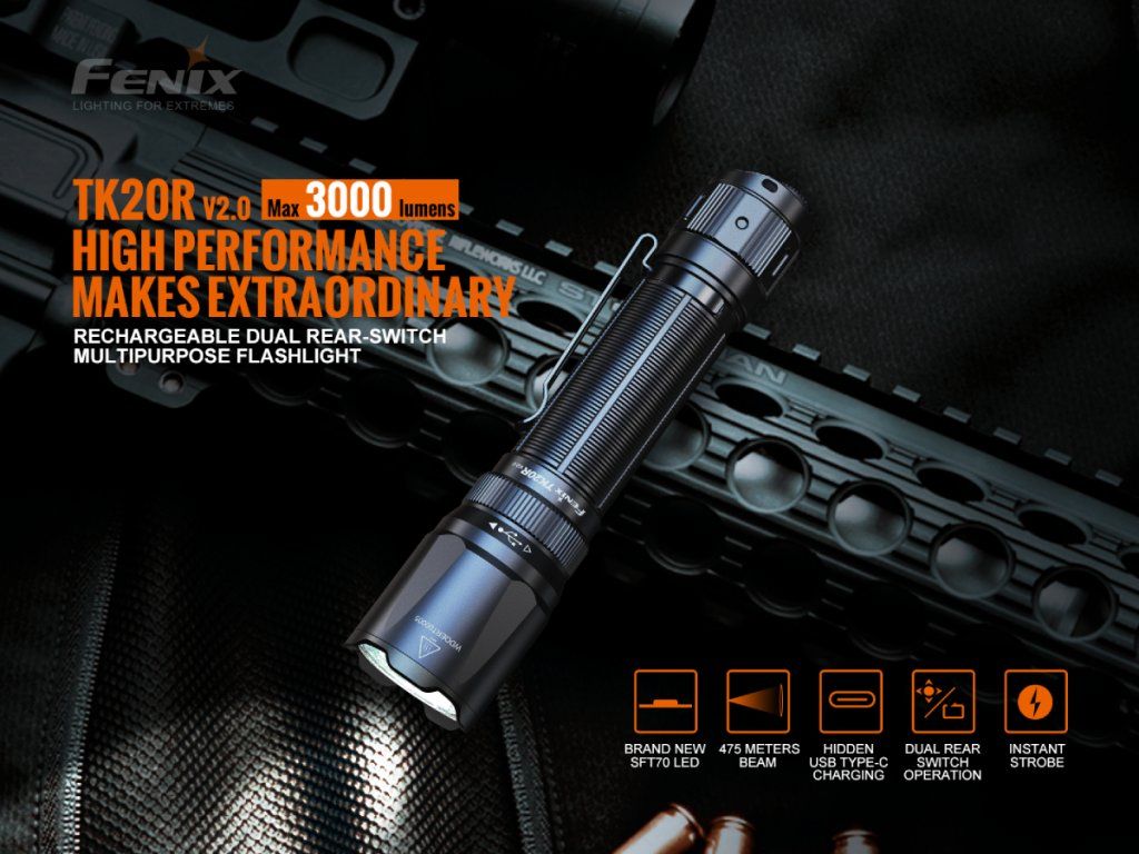 Fenix TK20R V2.0 duálny taktický spínač — detail zadnej časti svietidla