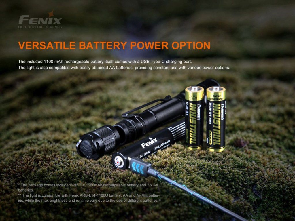 Fenix LD22 V2.0 — všestranné napájanie: nabíjateľná batéria 1100 mAh s USB-C alebo bežná AA