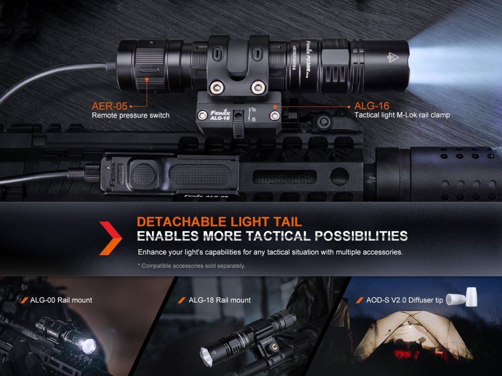 Fenix PD36R PRO — taktický dvojspínačový chvost a zúbkovaný úderný ráfik na hlave