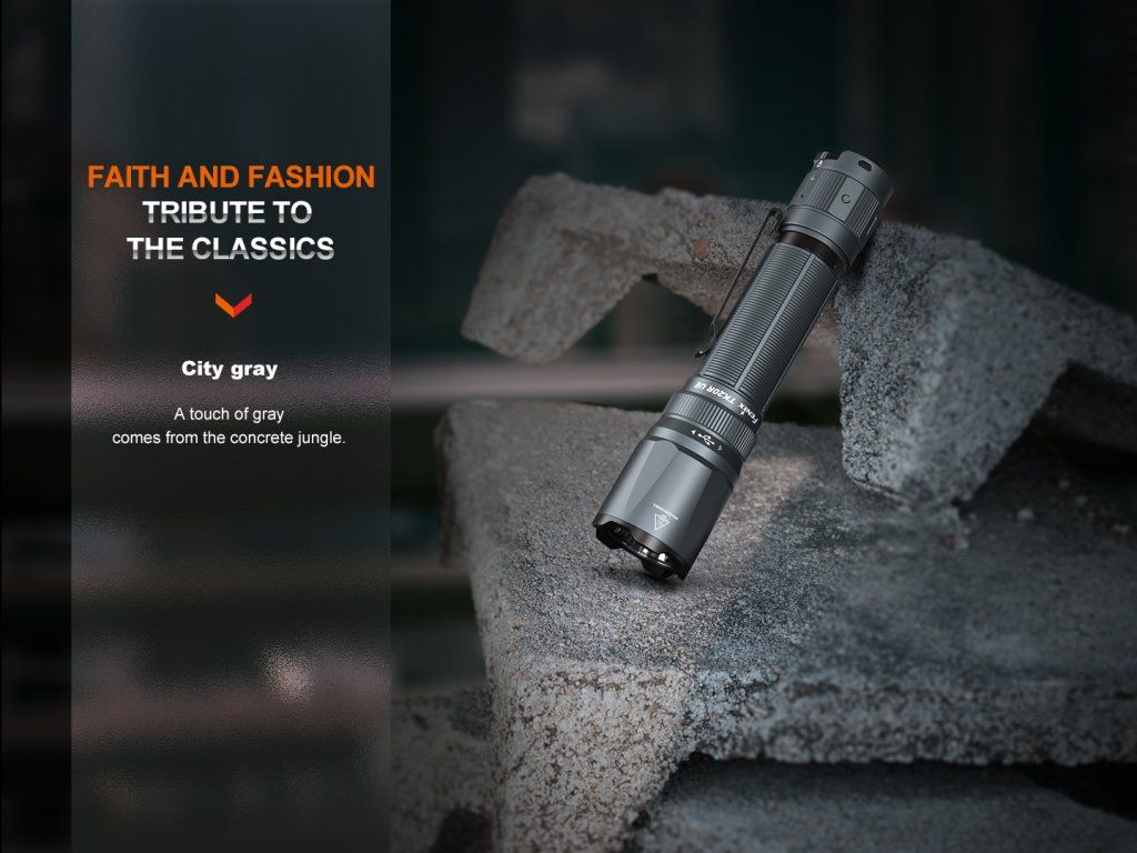 Fenix TK20R UE City Gray — elegantné šedé taktické svietidlo do mesta aj do terénu