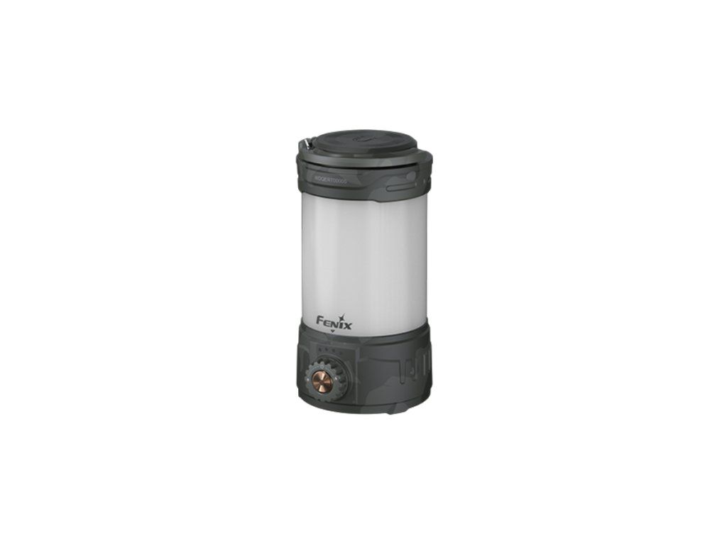Fenix CL26R PRO kempingový lampáš v šedej kamufláži s otočným prepínačom a skladacím háčikom