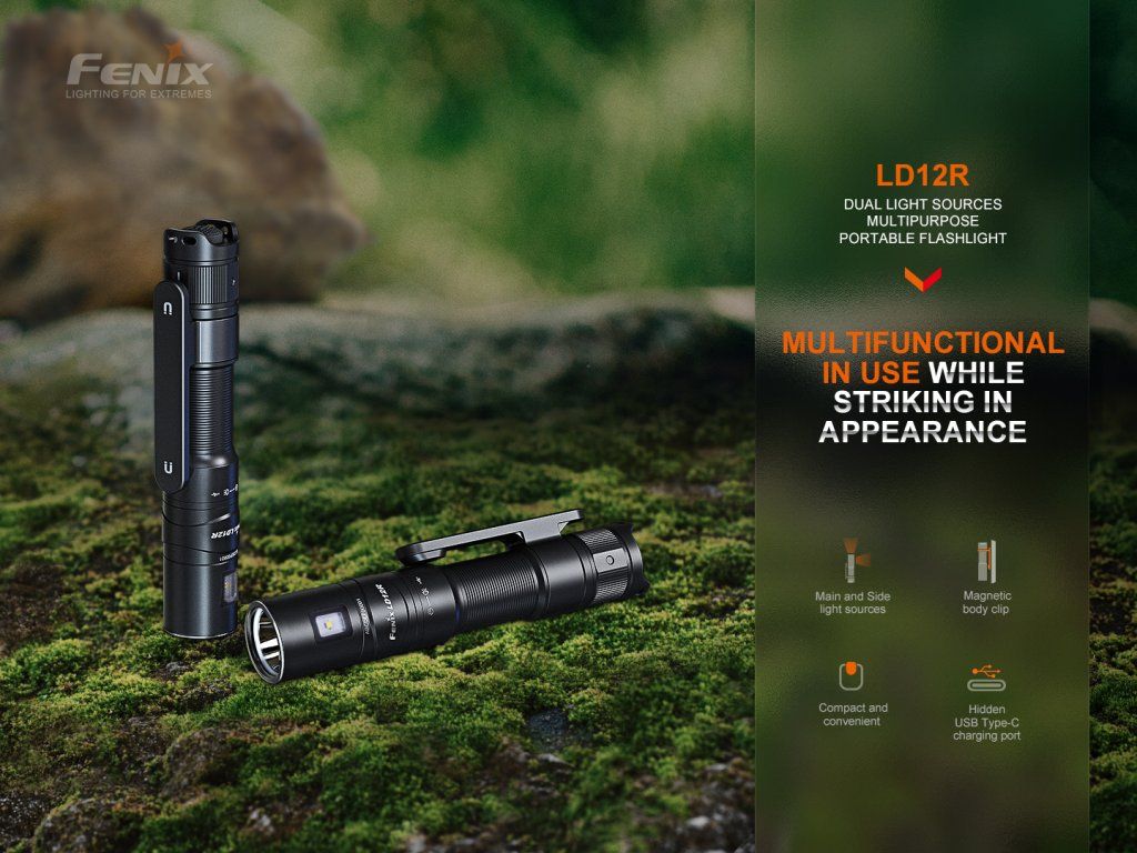 Fenix LD12R — dva svetelné systémy: hlavný reflektor do diaľky + bočné svetlo nablízko