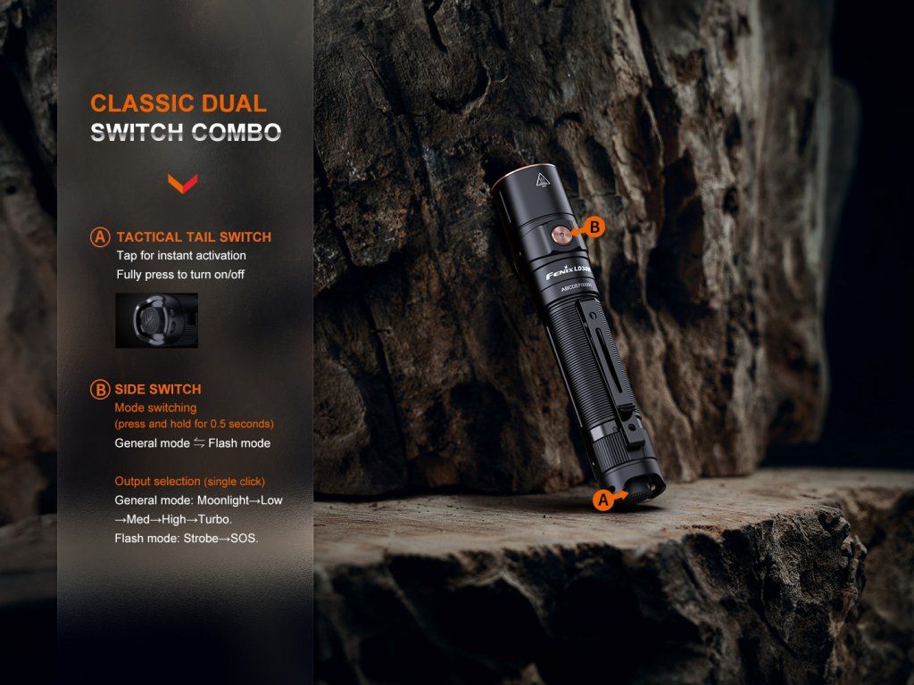 Fenix LD30R — klasická kombinácia spínačov: taktický koncový + bočný na výber jasu