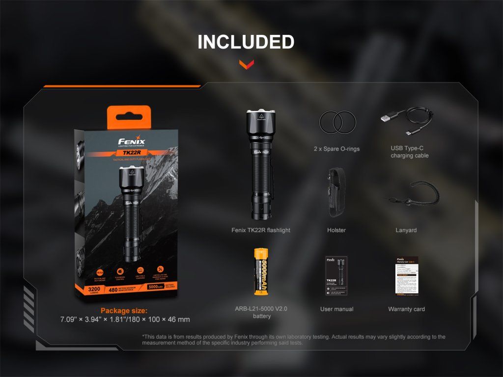 Fenix TK22R obsah balenia — svietidlo, batéria 21700 5000 mAh, USB-C kábel, puzdro a náhradný O-krúžok