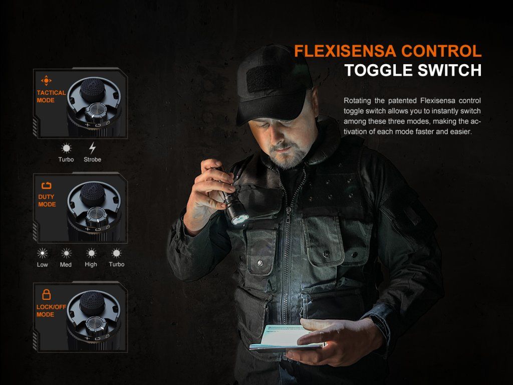 Fenix TK22R — ovládanie FlexiSensa: prepínanie medzi taktickým, služobným a uzamknutým módom