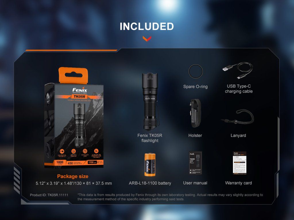 Fenix TK05R obsah balenia — svietidlo, batéria, USB-C kábel, puzdro na opasok, šnúrka a náhradný O-krúžok