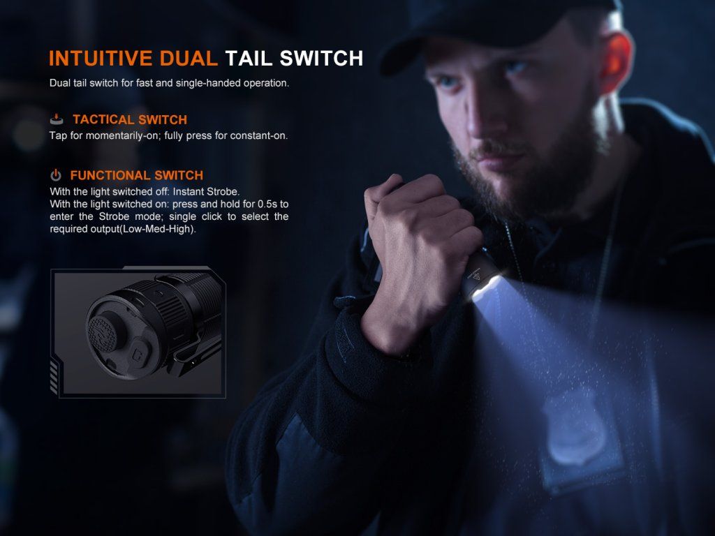 Fenix TK05R duálny koncový spínač — taktické a bežné ovládanie režimov