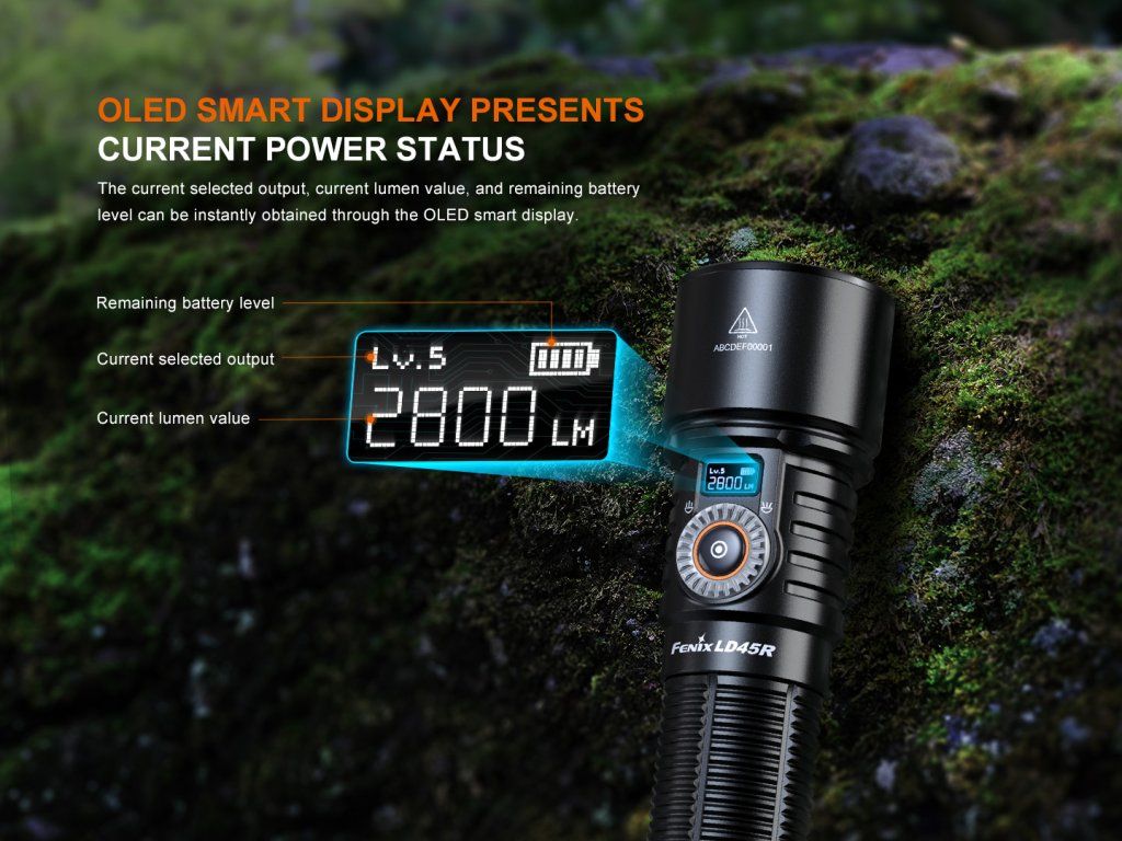 Fenix LD45R — OLED displej ukazuje aktuálny režim, výkon v lúmenoch aj stav batérie