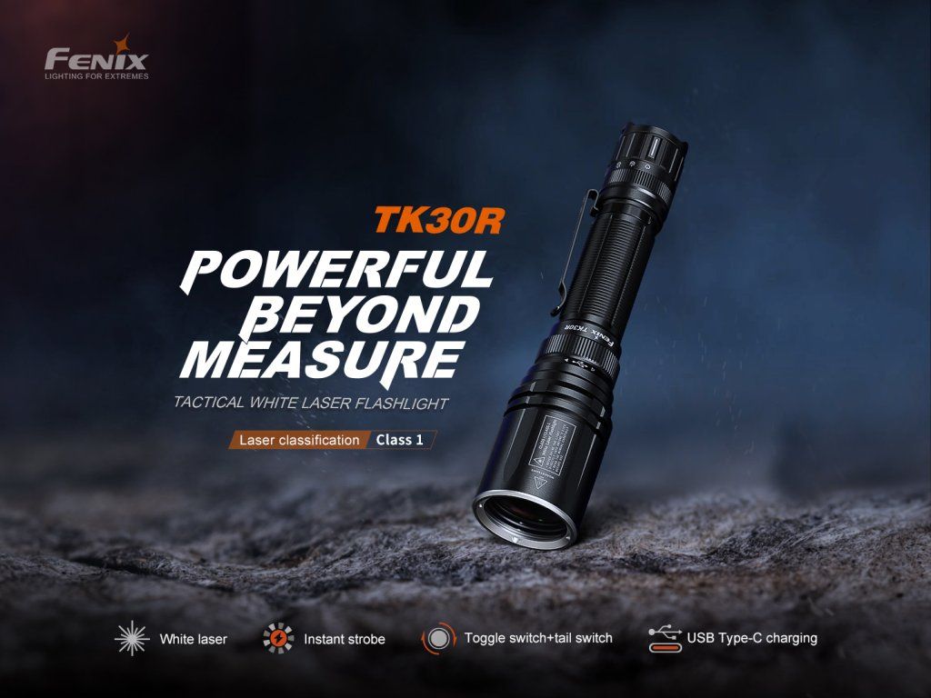 Fenix TK30R — LEP biely laser, 1500 m kužeľ, otočný volič, taktický spínač