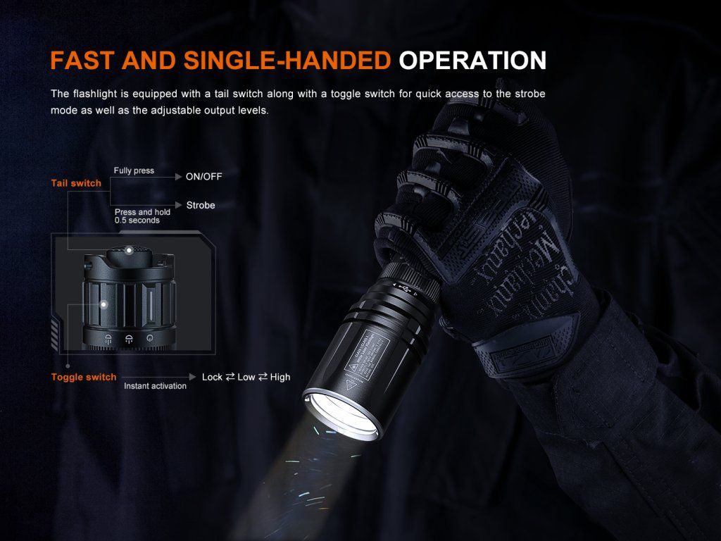 Fenix TK30R — rýchle jednoruké ovládanie: koncový spínač a otočný prepínač