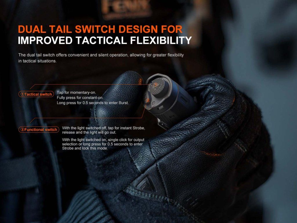 Fenix TK17 — duálny koncový spínač pre okamžitý Turbo a stroboskop bez menu