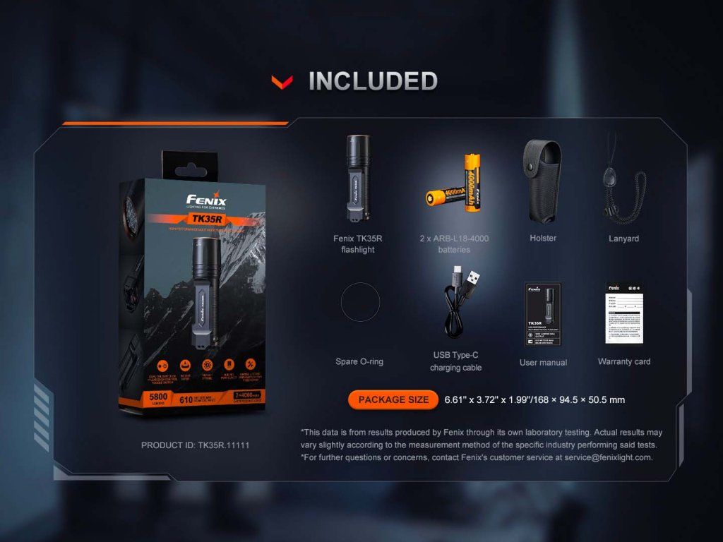 Fenix TK35R obsah balenia — svietidlo, dve batérie 18650, USB-C kábel, puzdro, šnúrka a náhradný O-krúžok