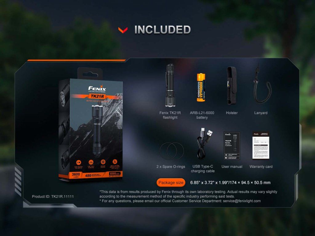 Fenix TK21R obsah balenia — svietidlo, batéria 21700, USB-C kábel, puzdro, šnúrka a náhradný O-krúžok
