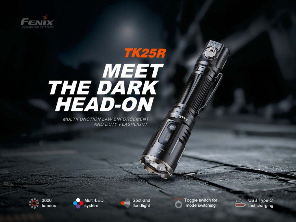 Fenix TK25R — bočné svetlo s UV 365nm a červeno-modrou, duálny prepínač, otočný volič reflektora