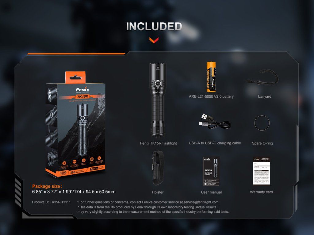 Fenix TK15R obsah balenia — svietidlo, batéria 21700, USB-C kábel, puzdro, šnúrka a O-krúžok