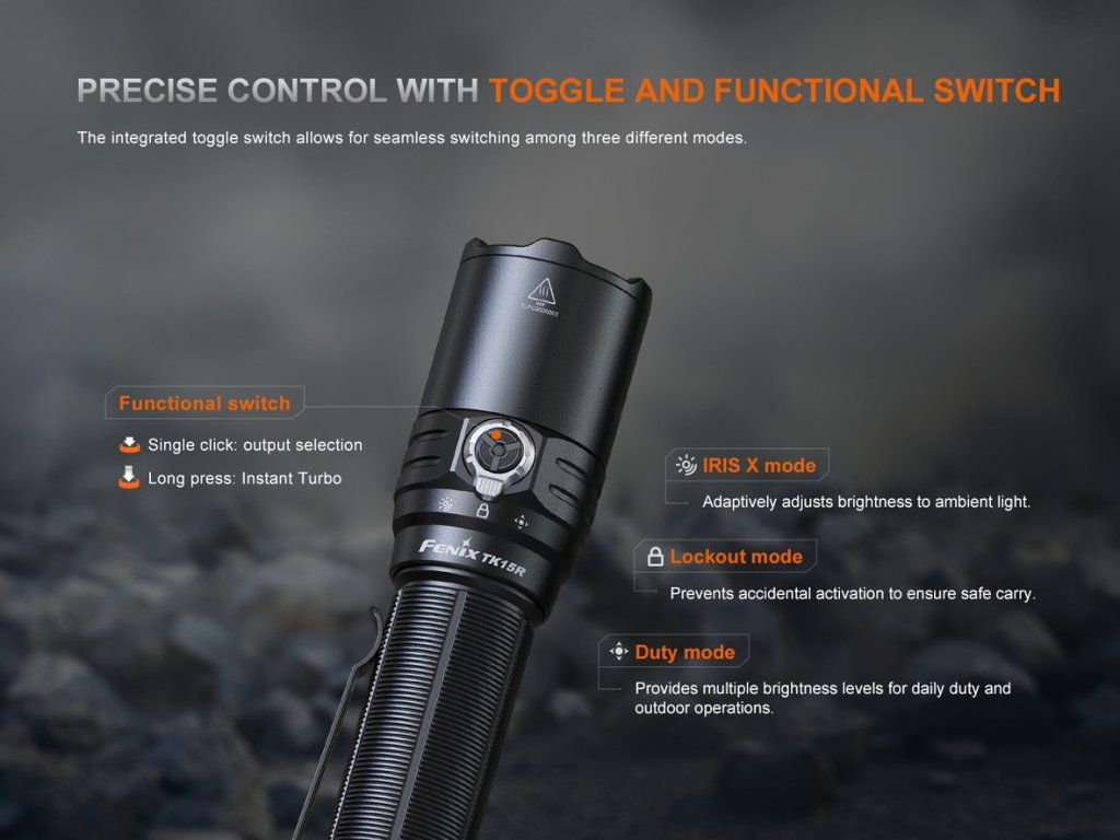 Fenix TK15R — otočný prepínač IRIS X: adaptívny, uzamknutý a pracovný režim