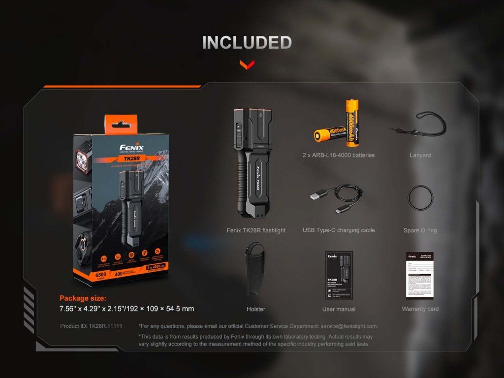 Fenix TK28R obsah balenia — svietidlo, dve batérie 18650, USB-C kábel, puzdro, šnúrka a náhradný O-krúžok
