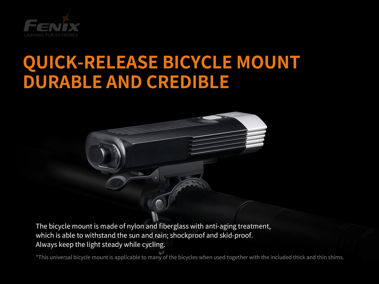 Rýchloupínací držiak cyklosvetla Fenix BC30 V2.0 z nylonu so sklenenými vláknami nasadený na riadidlách bicykla
