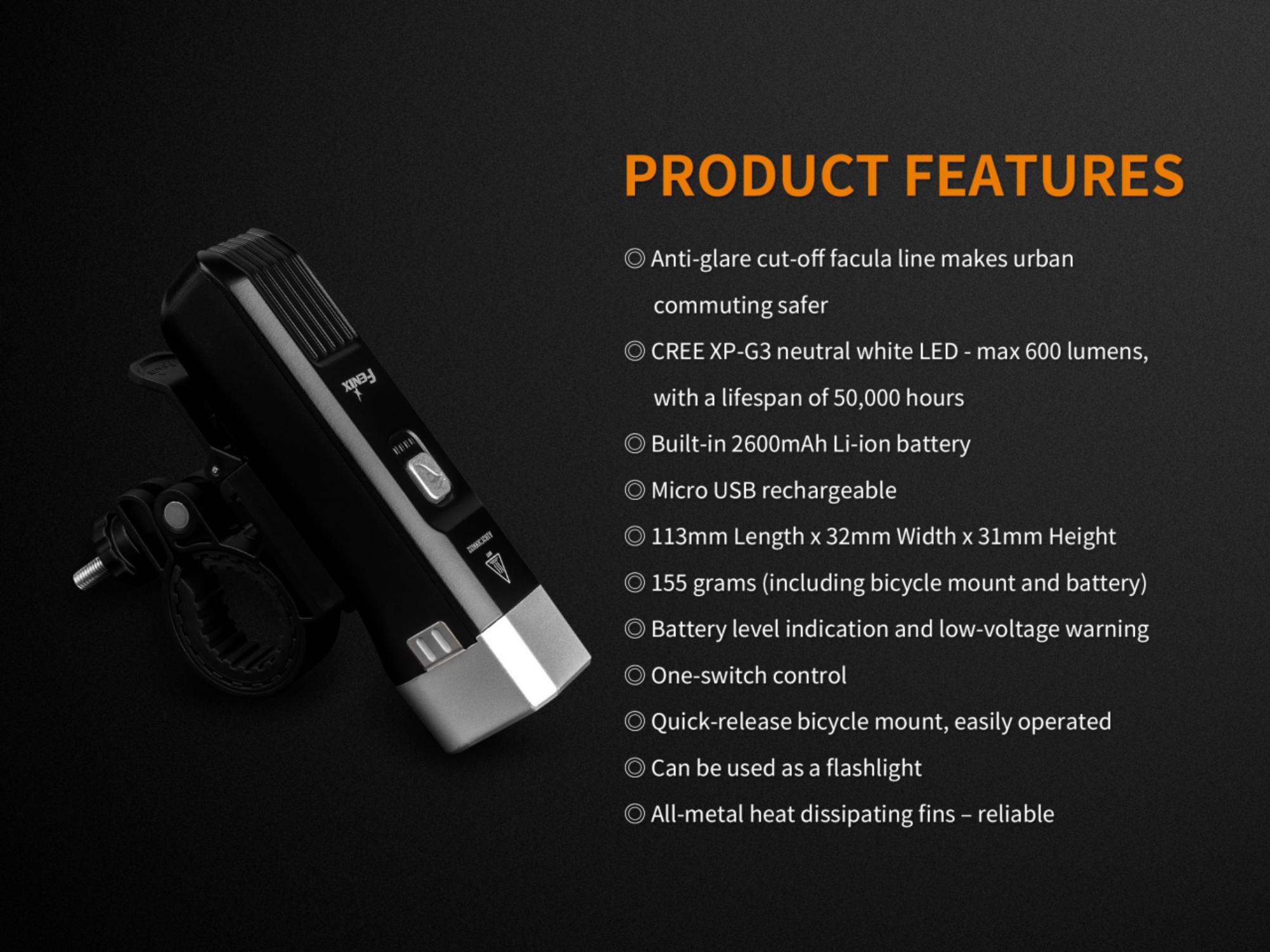 Prehľad vlastností cyklosvetla Fenix BC25R od výrobcu — cut-off lúč, Cree XP-G3, 2600 mAh, IP66