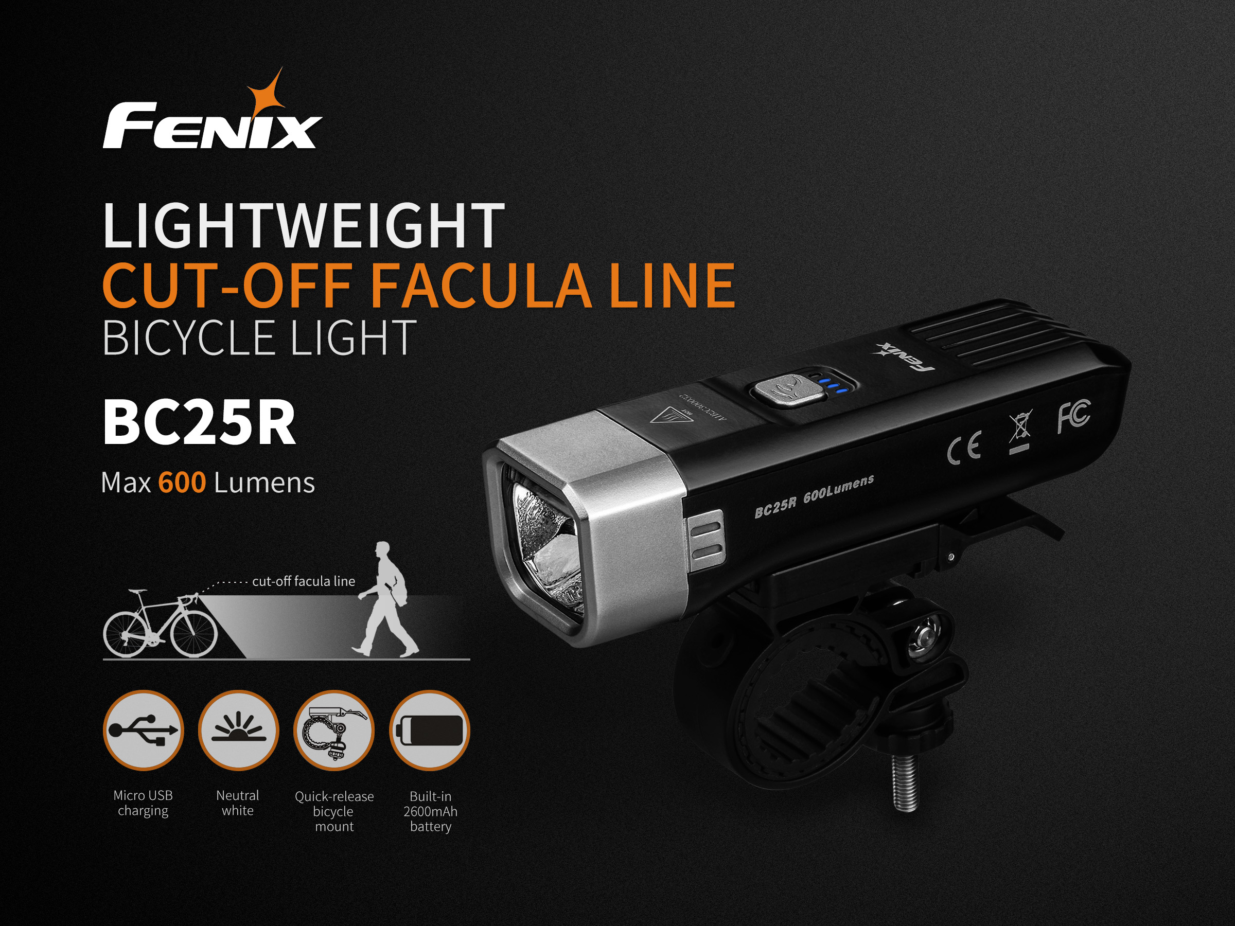 Fenix BC25R na riadidlách bicykla — kompaktné cyklosvetlo 600 lúmenov s cut-off lúčom a vstavanou batériou