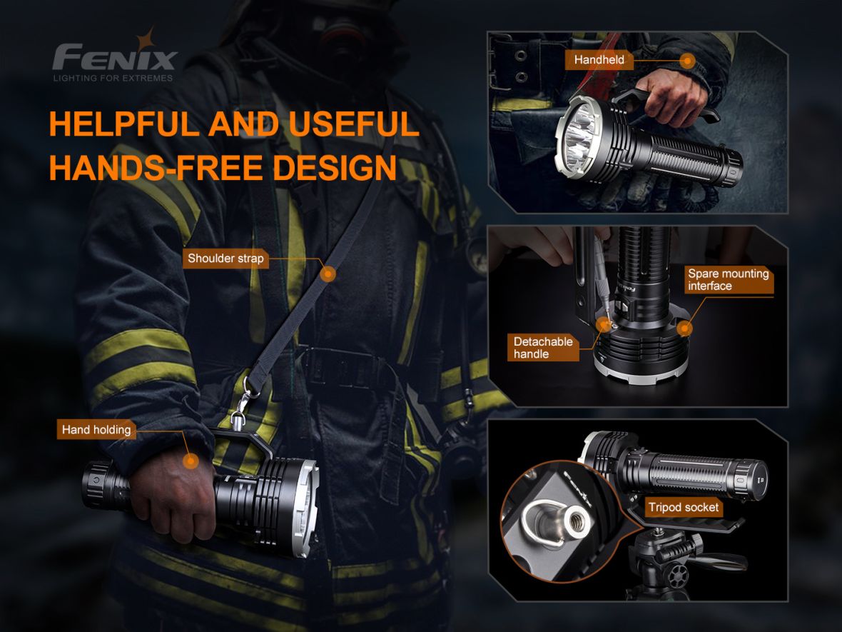 Fenix LR80R hands-free dizajn — ramenný popruh, odnímateľná rukoväť a závit na statív