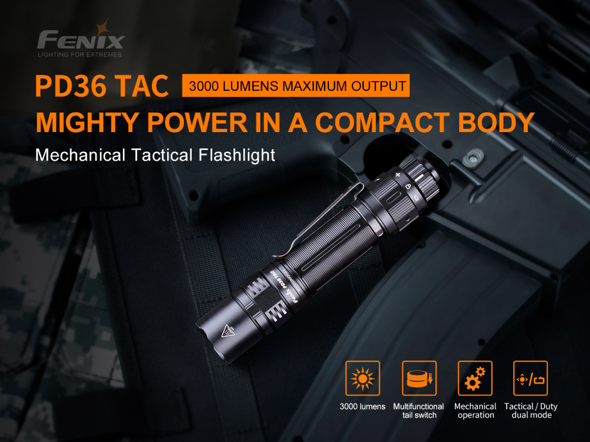 Fenix PD36 TAC — taktické koncové tlačidlo a otočný prepínač režimov Tactical a Duty na hlave svietidla