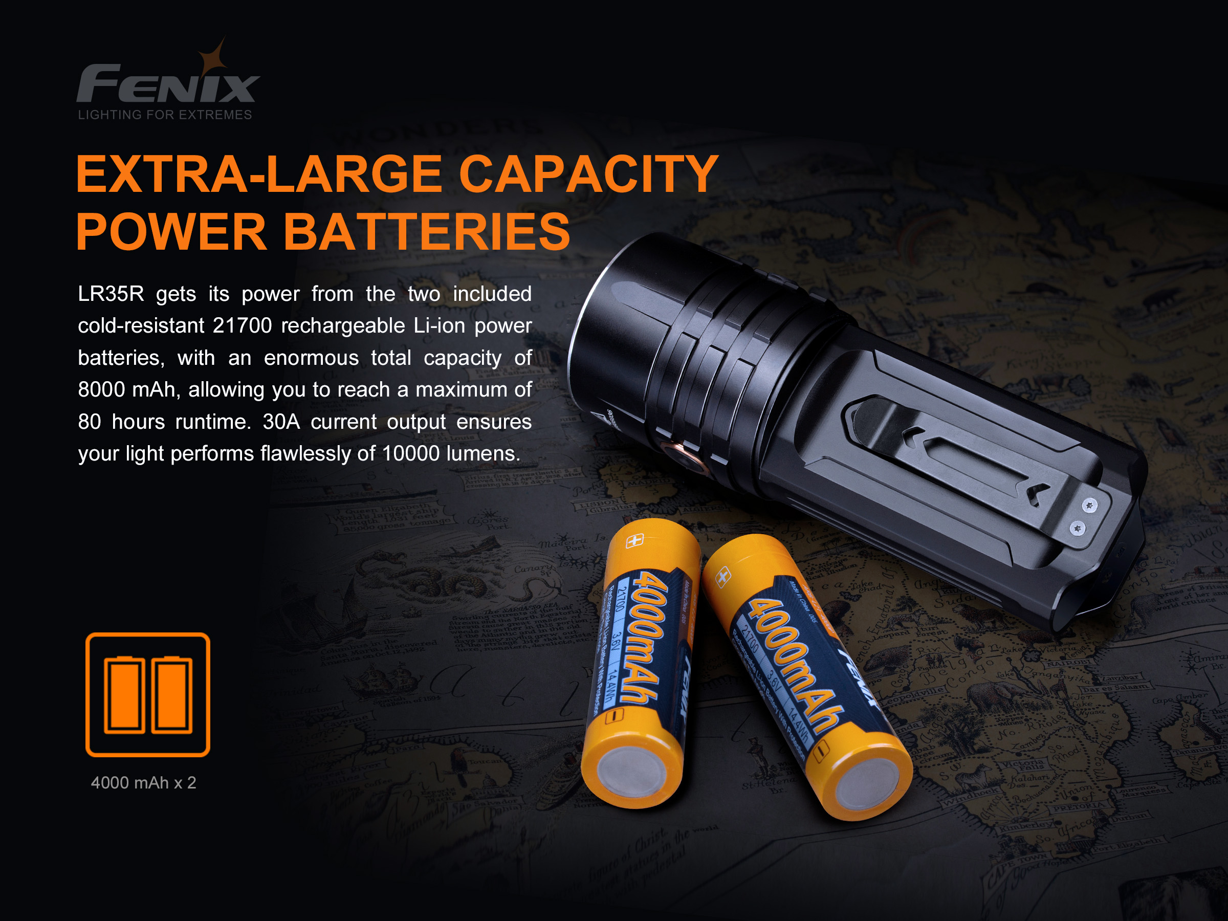 Fenix LR35R dva vymeniteľné akumulátory 21700 s celkovou kapacitou 8000 mAh a výdržou 80 hodín
