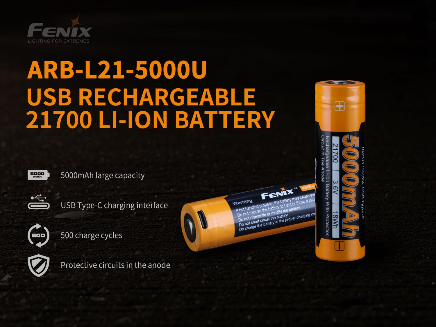 Fenix ARB-L21-5000U 21700 akumulátor 5000 mAh — detail článku s označením kapacity a vstavaným USB-C portom