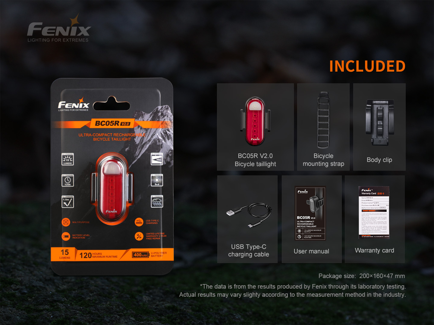 Obsah balenia Fenix BC05R V2.0 — blikačka, silikónový pásik, spona, USB-C kábel, návod a záručný list