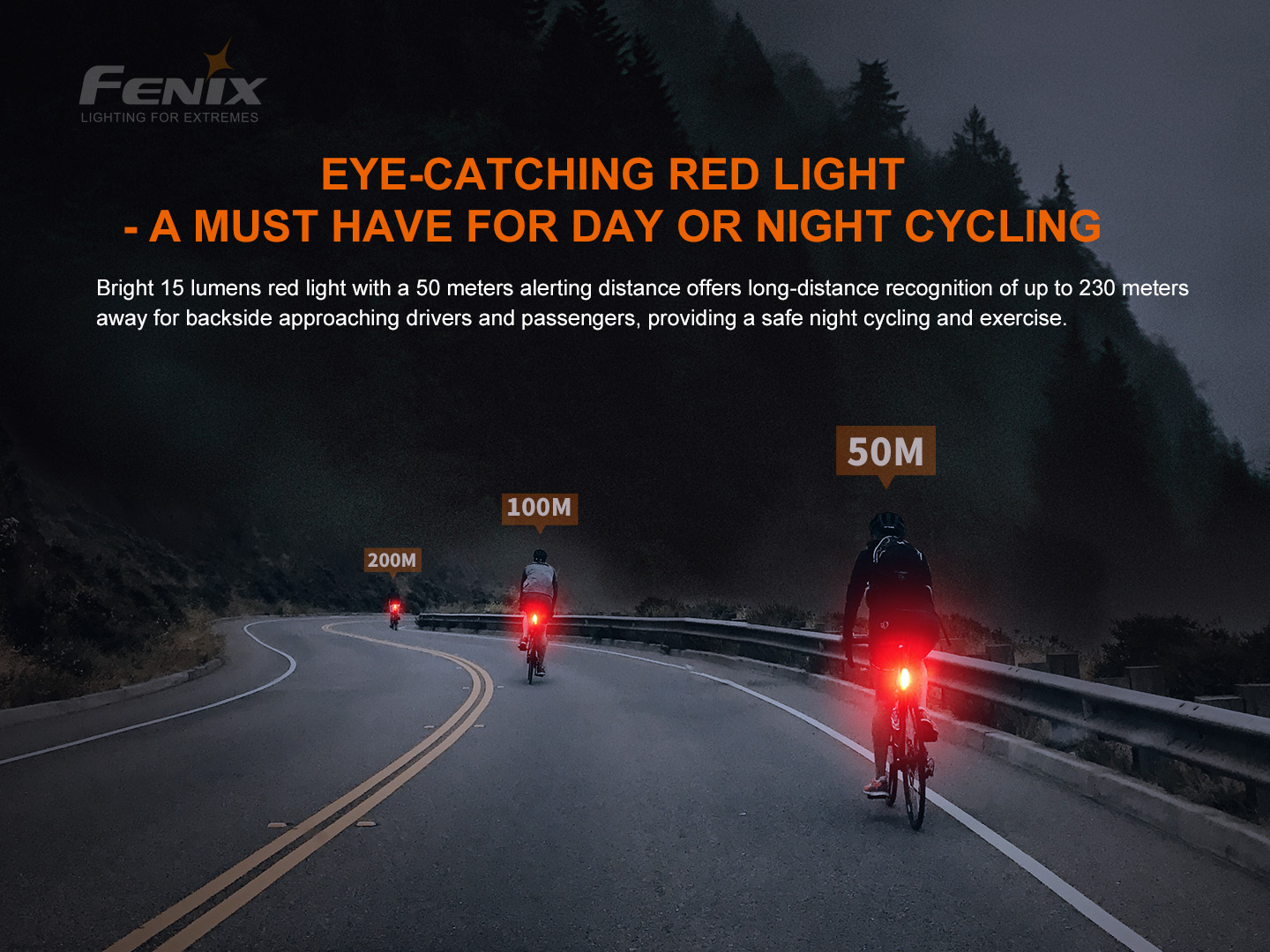 Fenix BC05R V2.0 na bicykli v noci — červené svetlo viditeľné zo vzdialenosti 50, 100 a 200 metrov