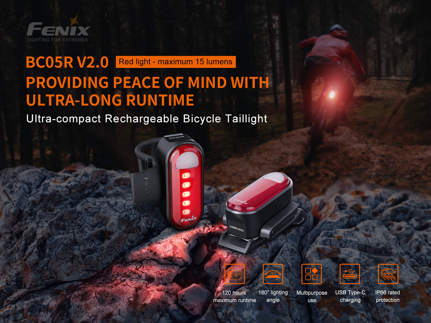 Fenix BC05R V2.0 — ultrakompaktná nabíjateľná zadná cykloblikačka s piatimi červenými LED a uhlom 180°
