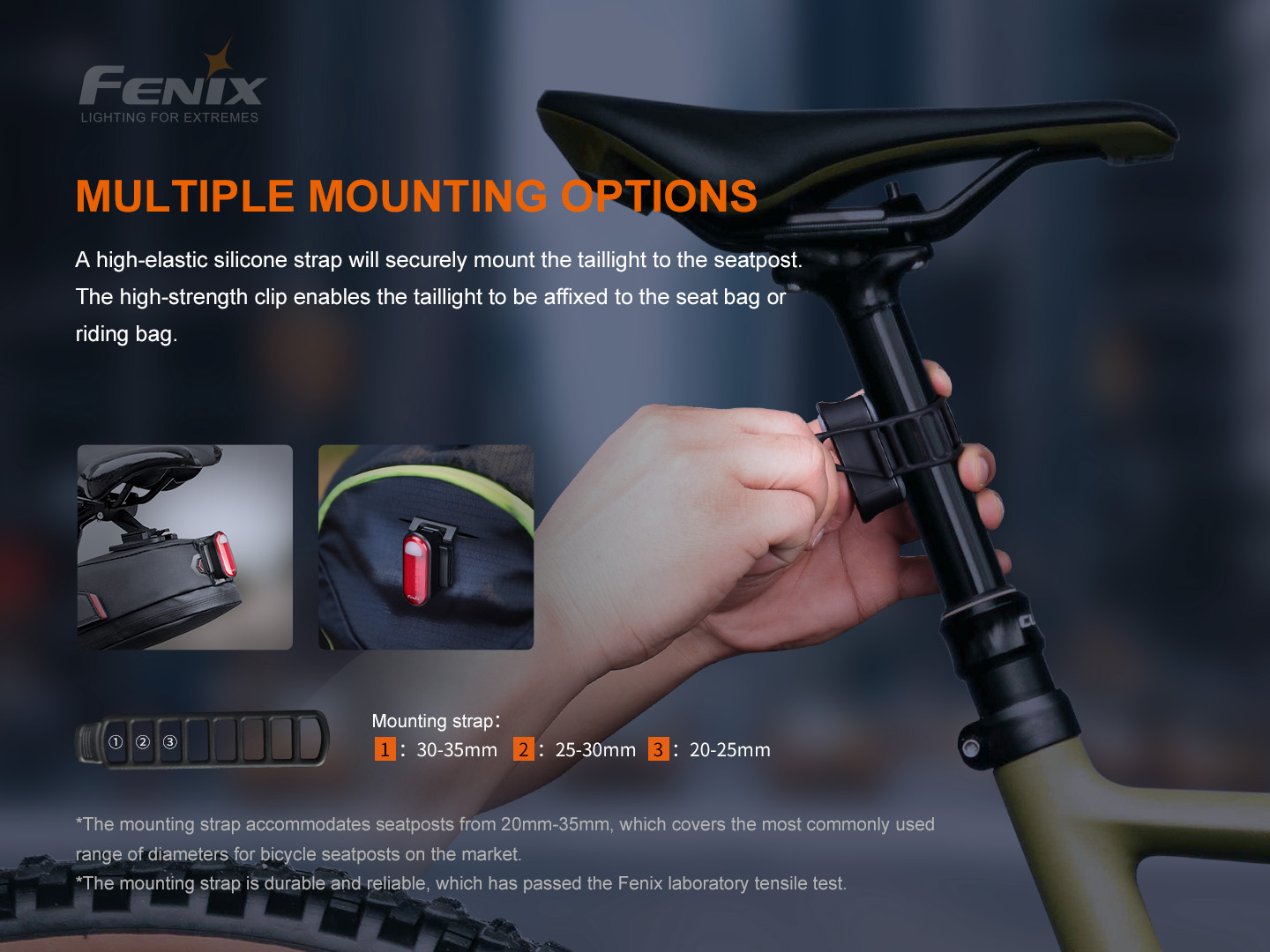 Silikónový pásik blikačky Fenix BC05R V2.0 na sedlovke bicykla s tromi polohami pre priemer 20 až 35 mm
