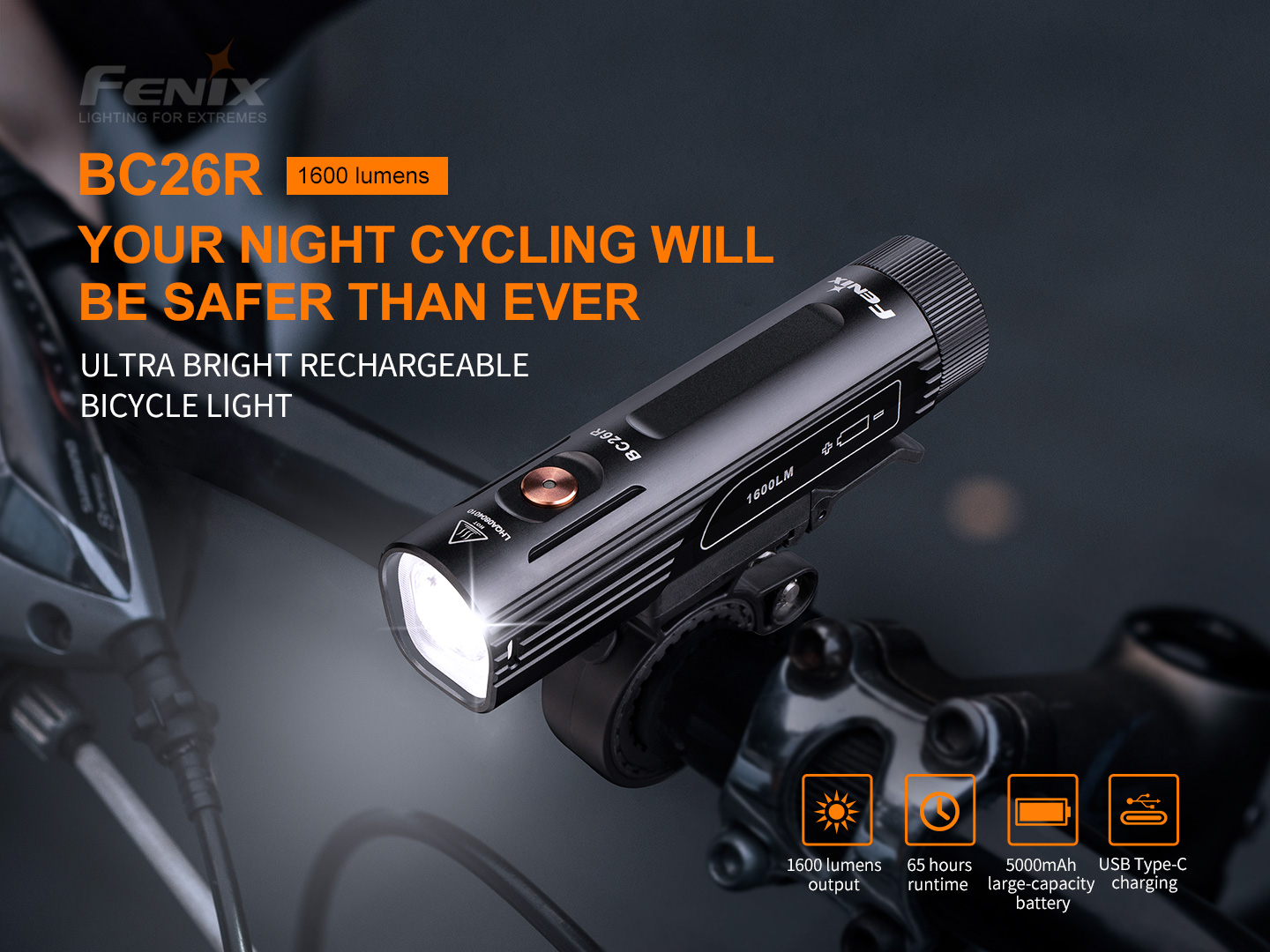 Fenix BC26R na riadidlách bicykla — nabíjateľné predné cyklosvetlo s výkonom 1600 lúmenov a batériou 5000 mAh