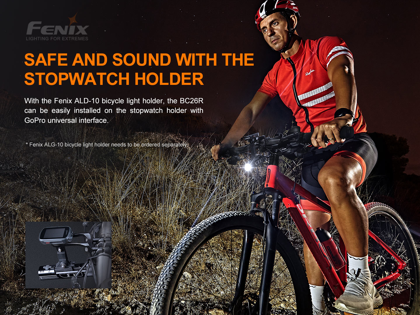 Fenix BC26R pod tachometrom s adaptérom ALD-10 do univerzálnej GoPro montáže na cestnom bicykli