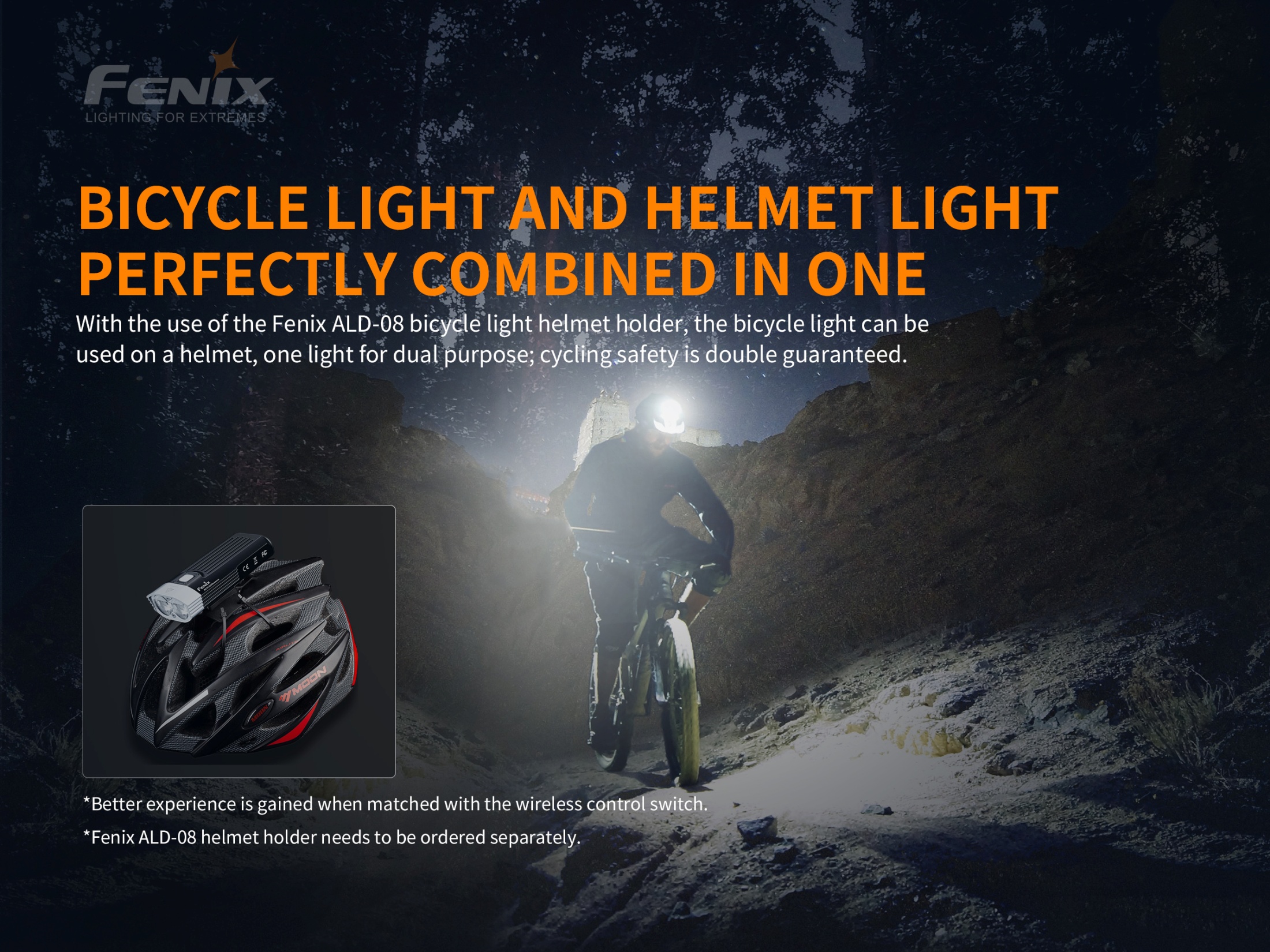 Cyklosvetlo Fenix BC30 V2.0 nasadené na prilbe pomocou držiaka Fenix ALD-08 počas nočnej jazdy