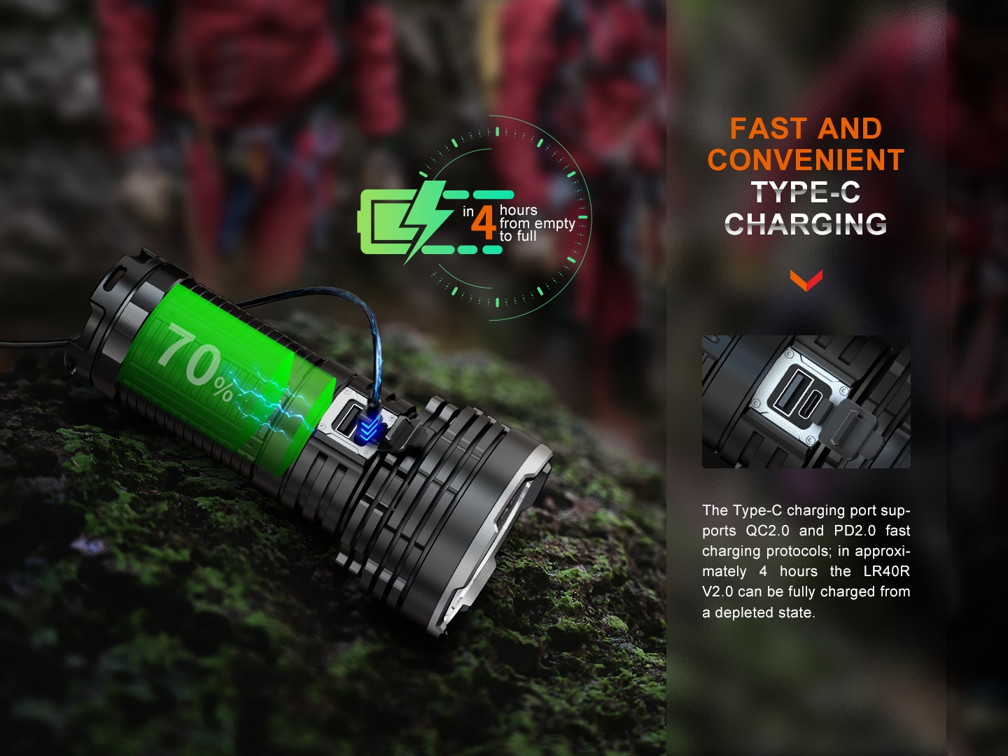 Fenix LR40R V2.0 — dobíjanie interného akumulátora cez USB-C konektor