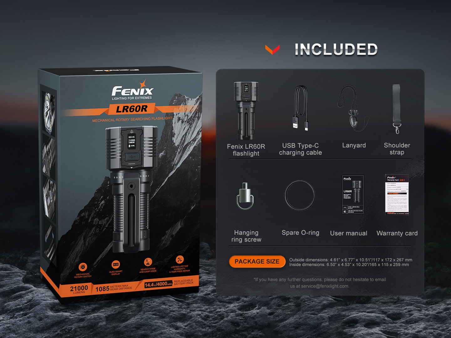 Fenix LR60R obsah balenia — svietidlo s battery packom, USB-C kábel, ramenný popruh a príslušenstvo