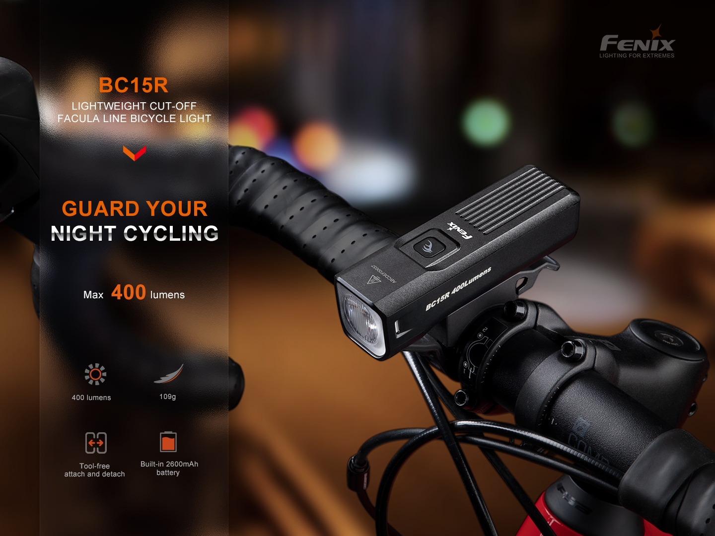 Fenix BC15R na riadidlách cestného bicykla — 400 lúmenov, cut-off lúč, 109 gramov a vstavaná batéria 2600 mAh