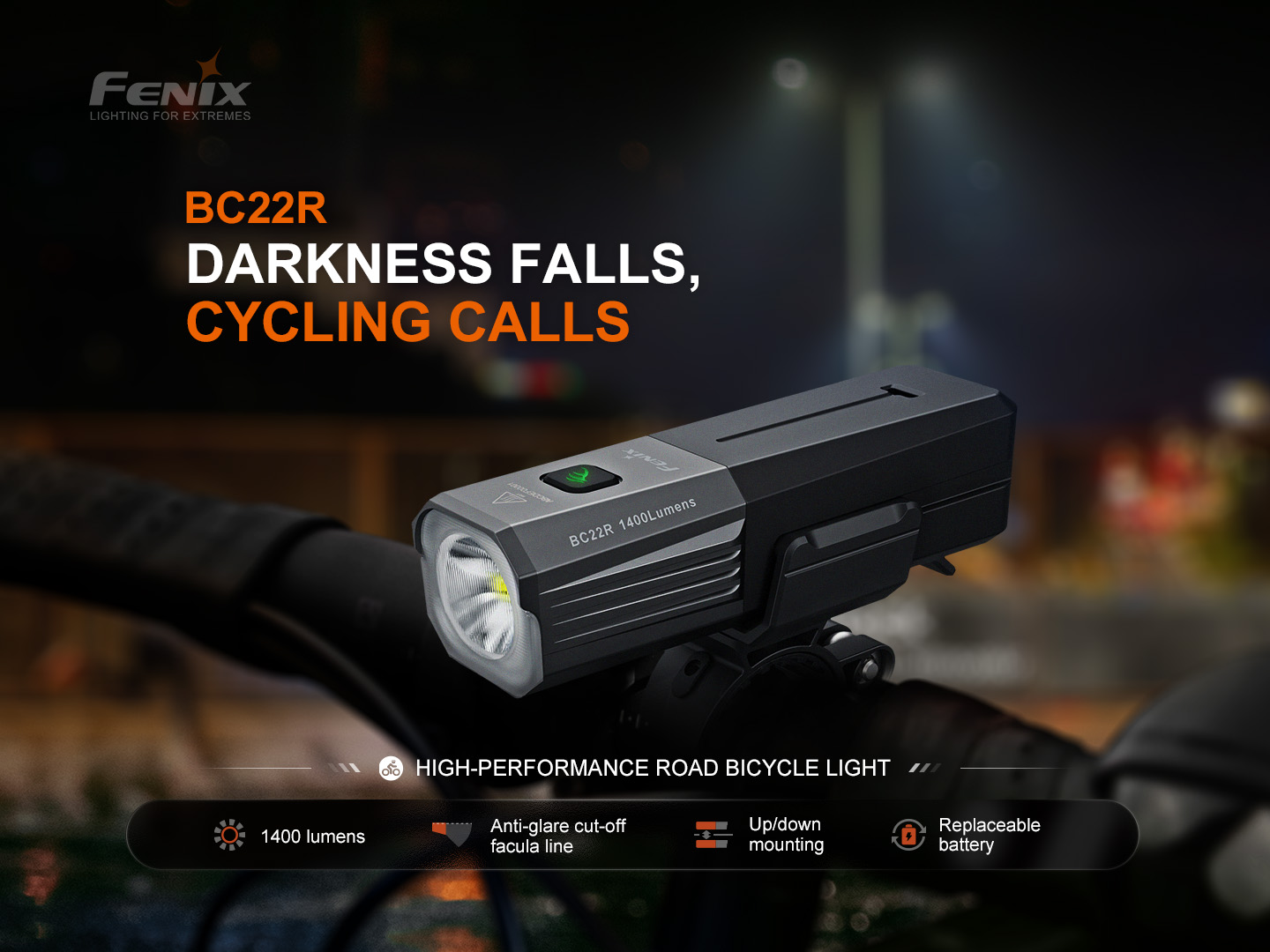 Fenix BC22R na riadidlách cestného bicykla — 1400 lúmenov, cut-off lúč, obojsmerná montáž a vymeniteľná batéria