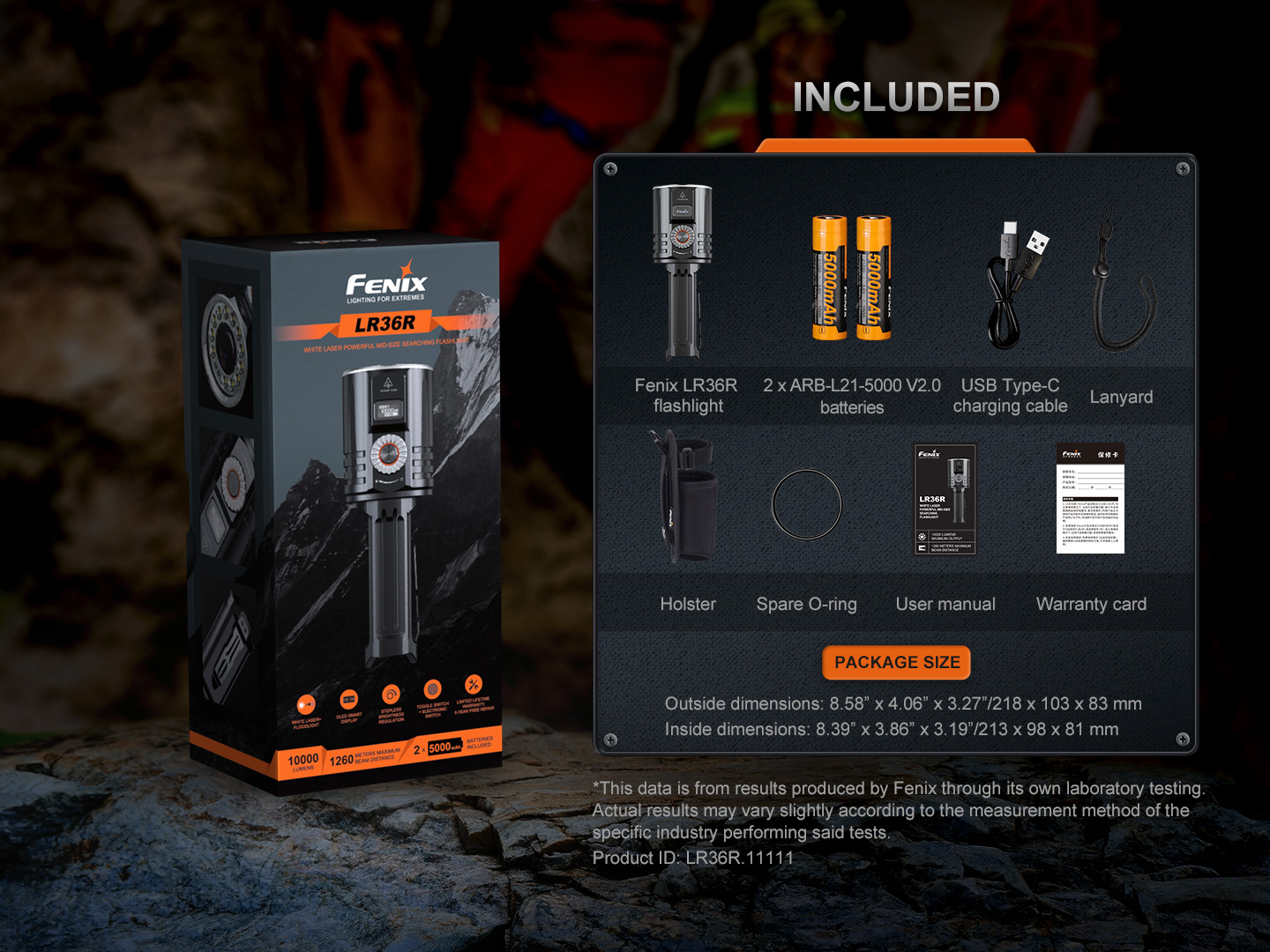 Fenix LR36R obsah balenia — svietidlo, dva akumulátory 21700, USB-C kábel, holster a príslušenstvo