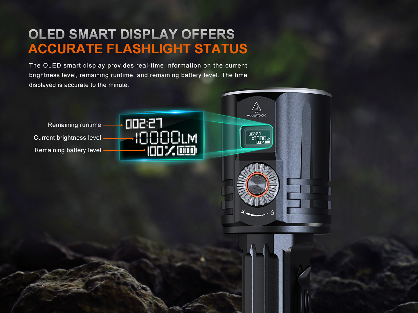 Fenix LR36R OLED stavový displej ukazuje režim výkonu, úroveň batérie a priebeh nabíjania