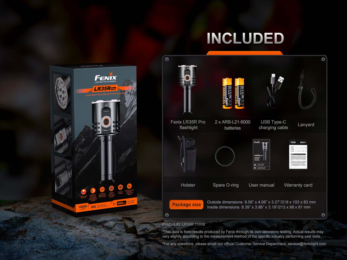 Fenix LR35R Pro obsah balenia — svietidlo, dva akumulátory 21700, USB-C kábel, puzdro a príslušenstvo
