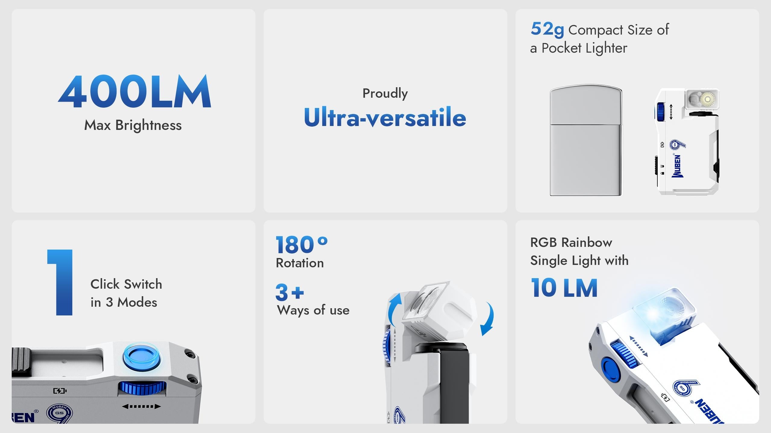 Wuben G5 White – prehľad funkcií: 400 lm, hmotnosť 52 g, 3 režimy, otočná hlava 180° a RGB svetlo