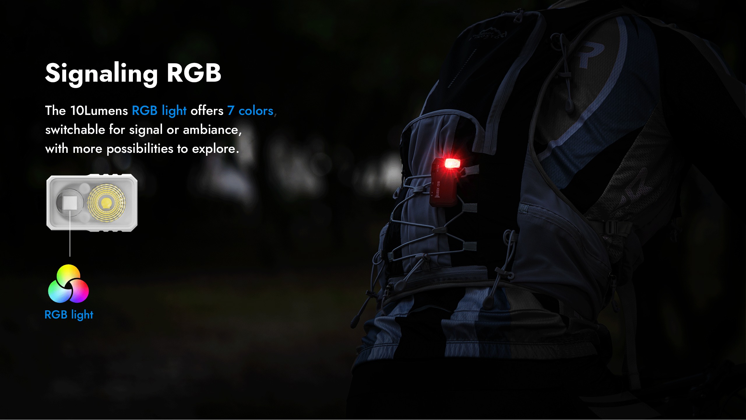Wuben G5 White – signalizačné RGB svetlo 10 lm v 7 farbách na batohu v teréne